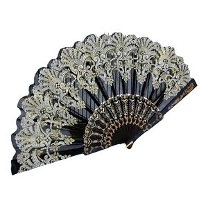 (2) Asian Style Hand Fan w White & Gold Detail